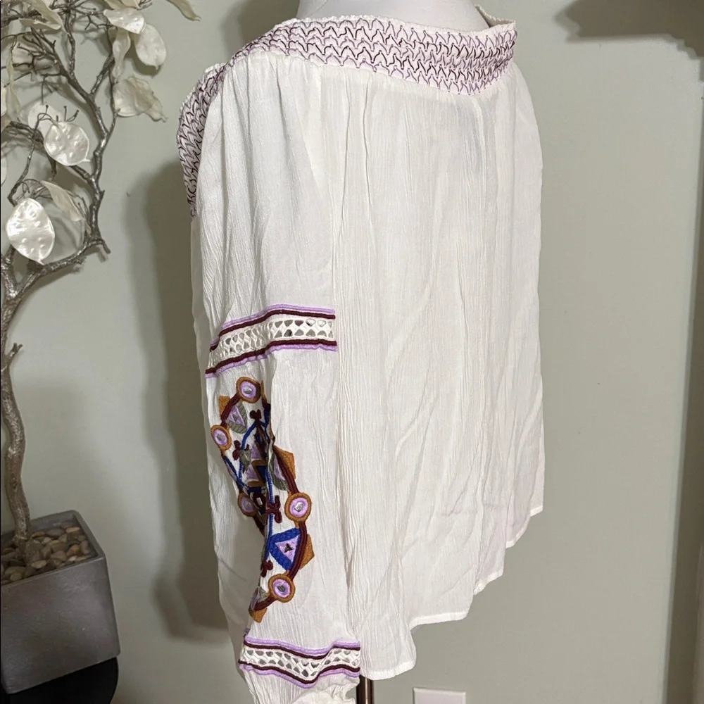 INC International Concepts Cream Blouse Purple Embroidery